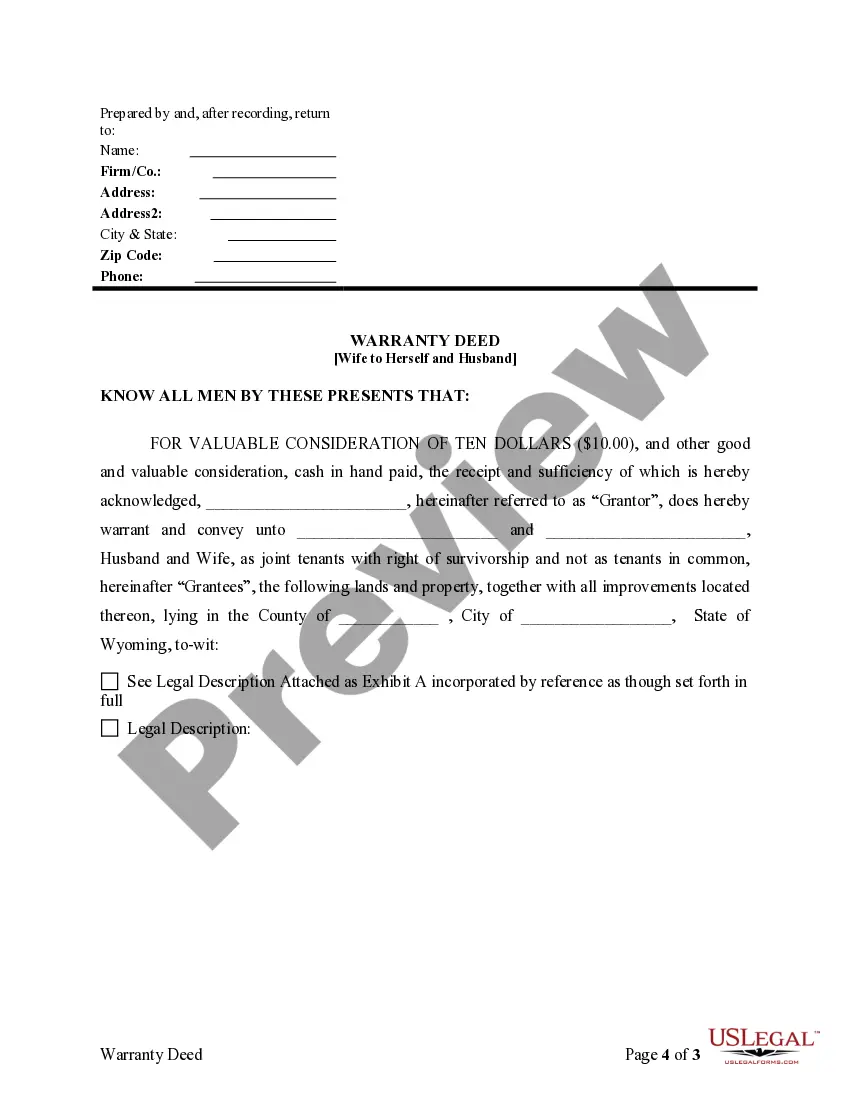 Preview Warranty Deed Converting Separate Property of one Spouse to both as Joint Tenants