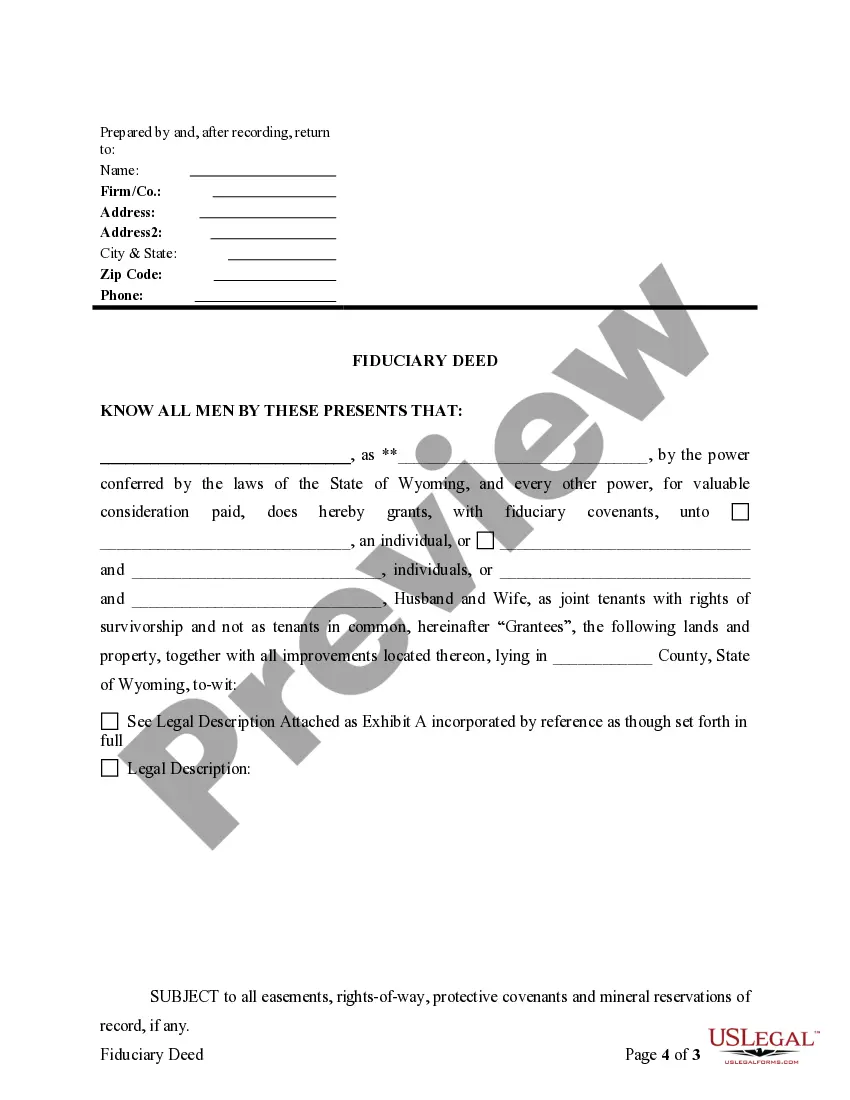 Get Fiduciary Deed for use by Executors, Trustees, Trustors, Administrators and other Fiduciaries Preview Fiduciary Deed for use by Executors, Trustees, Trustors, Administrators and other Fiduciaries