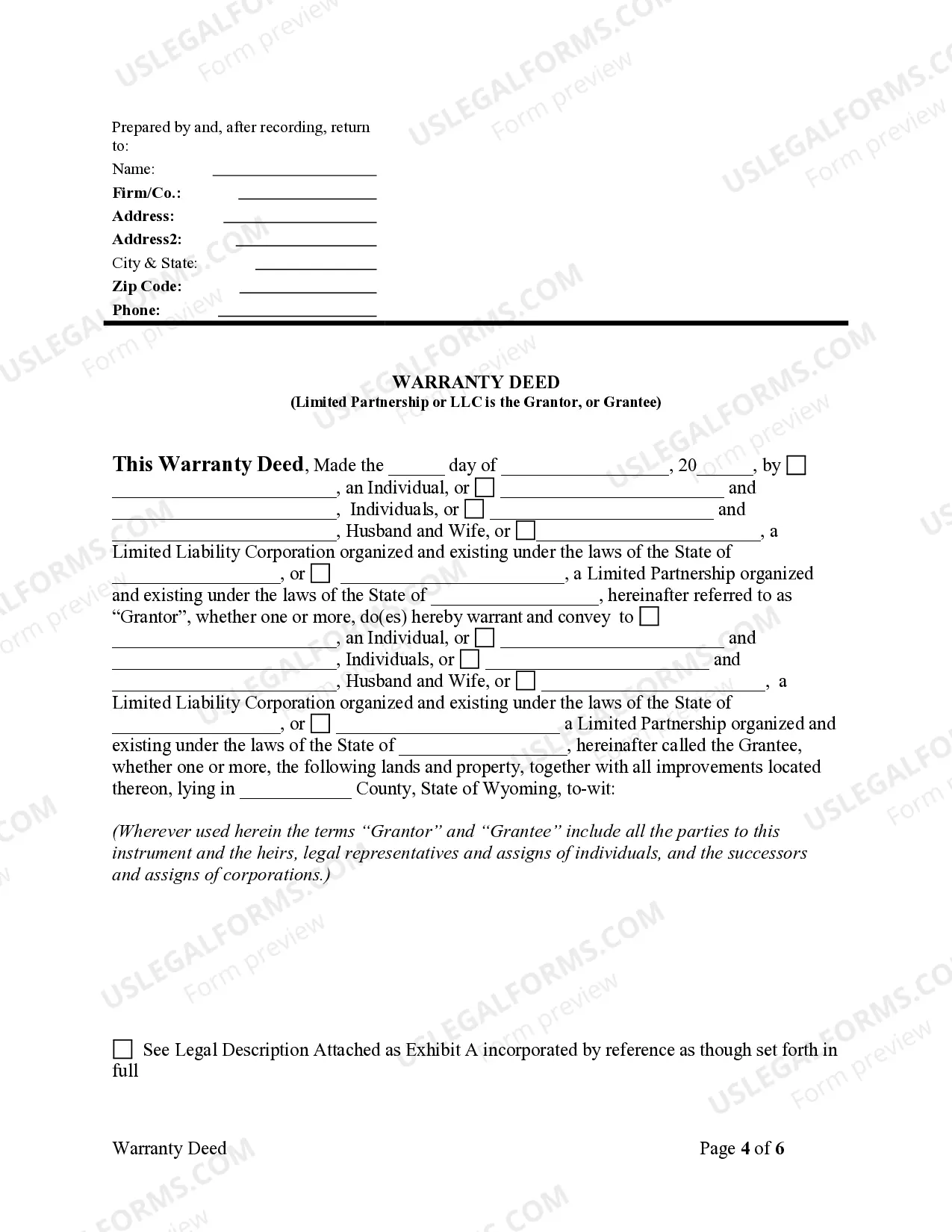 Preview Warranty Deed where a Limited Partnership or LLC is the Grantor, or Grantee