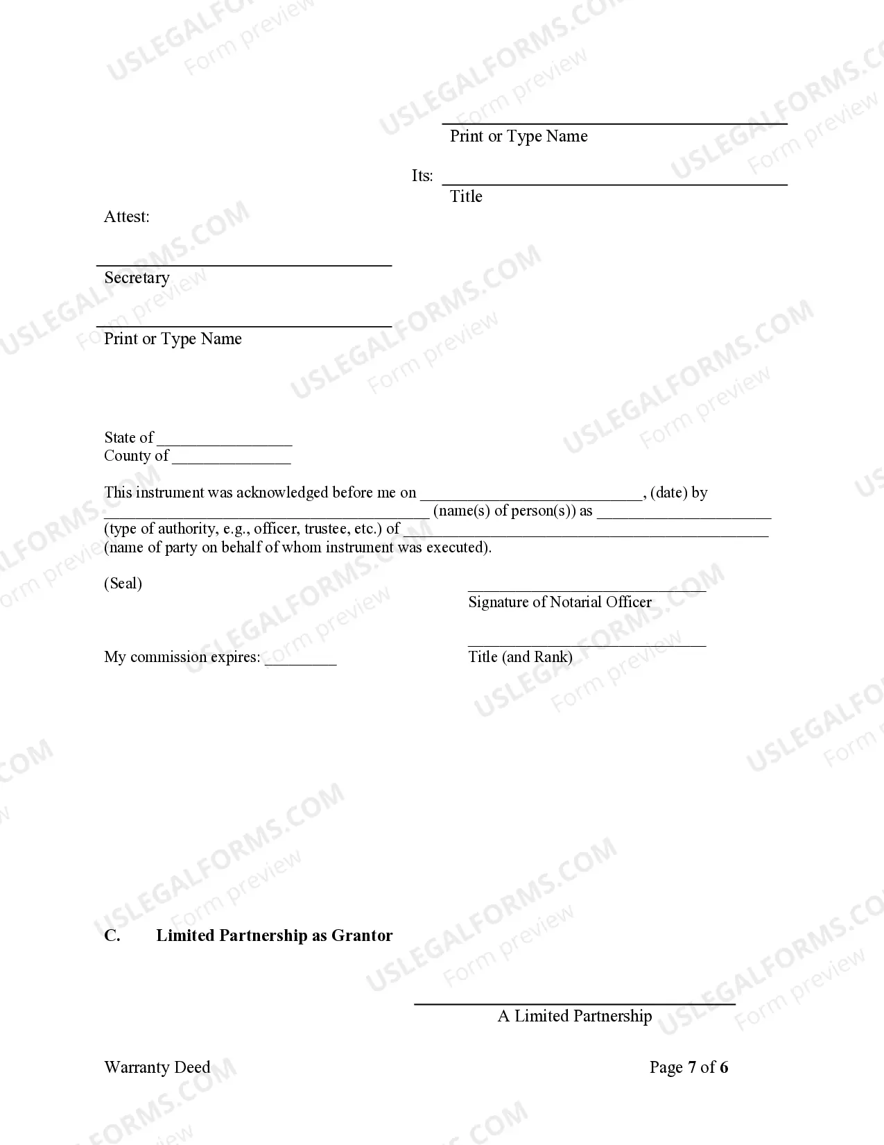 Preview Warranty Deed where a Limited Partnership or LLC is the Grantor, or Grantee