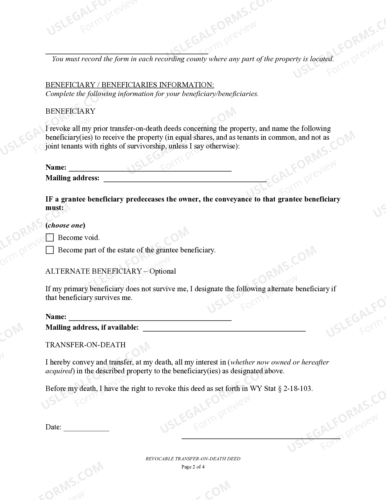 Wyoming Transfer on Death Deed or TOD - Beneficiary Deed for Individual ...