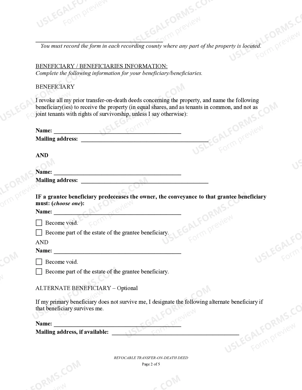 Preview Transfer on Death Deed or TOD - Beneficiary Deed for Individual to Two Individuals