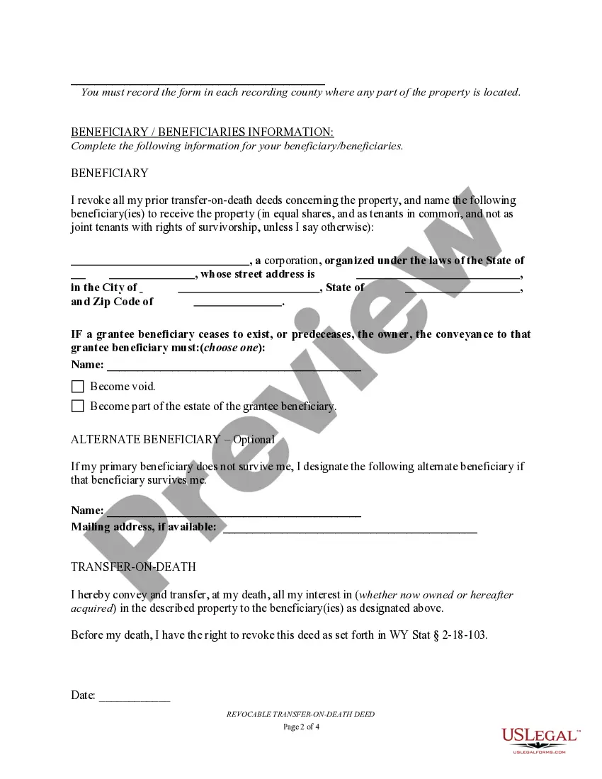 Preview Transfer on Death Deed or TOD - Beneficiary Deed for Individual to a Business Entity