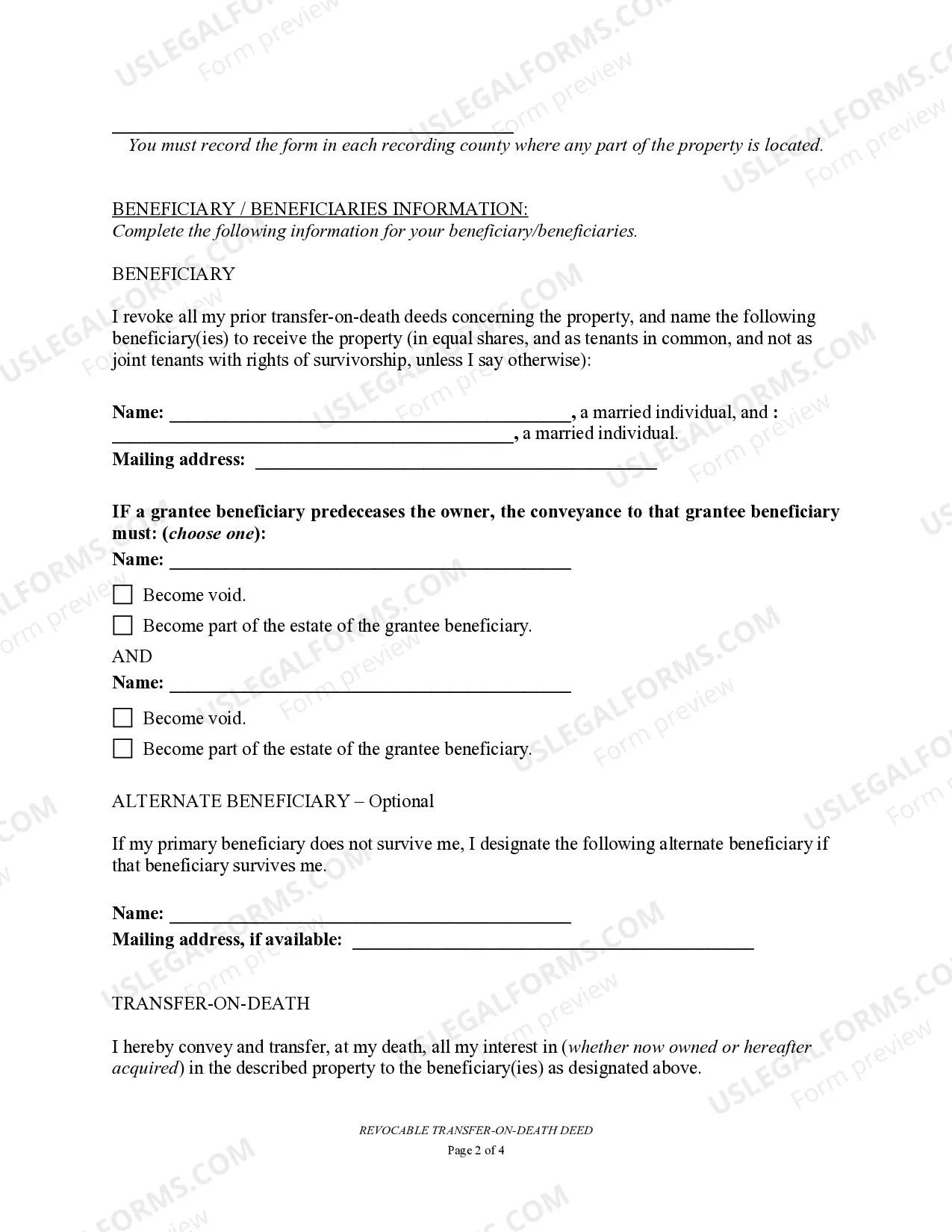 Preview Transfer on Death Deed or TOD - Beneficiary Deed for Individual to a Husband and Wife Beneficiaries