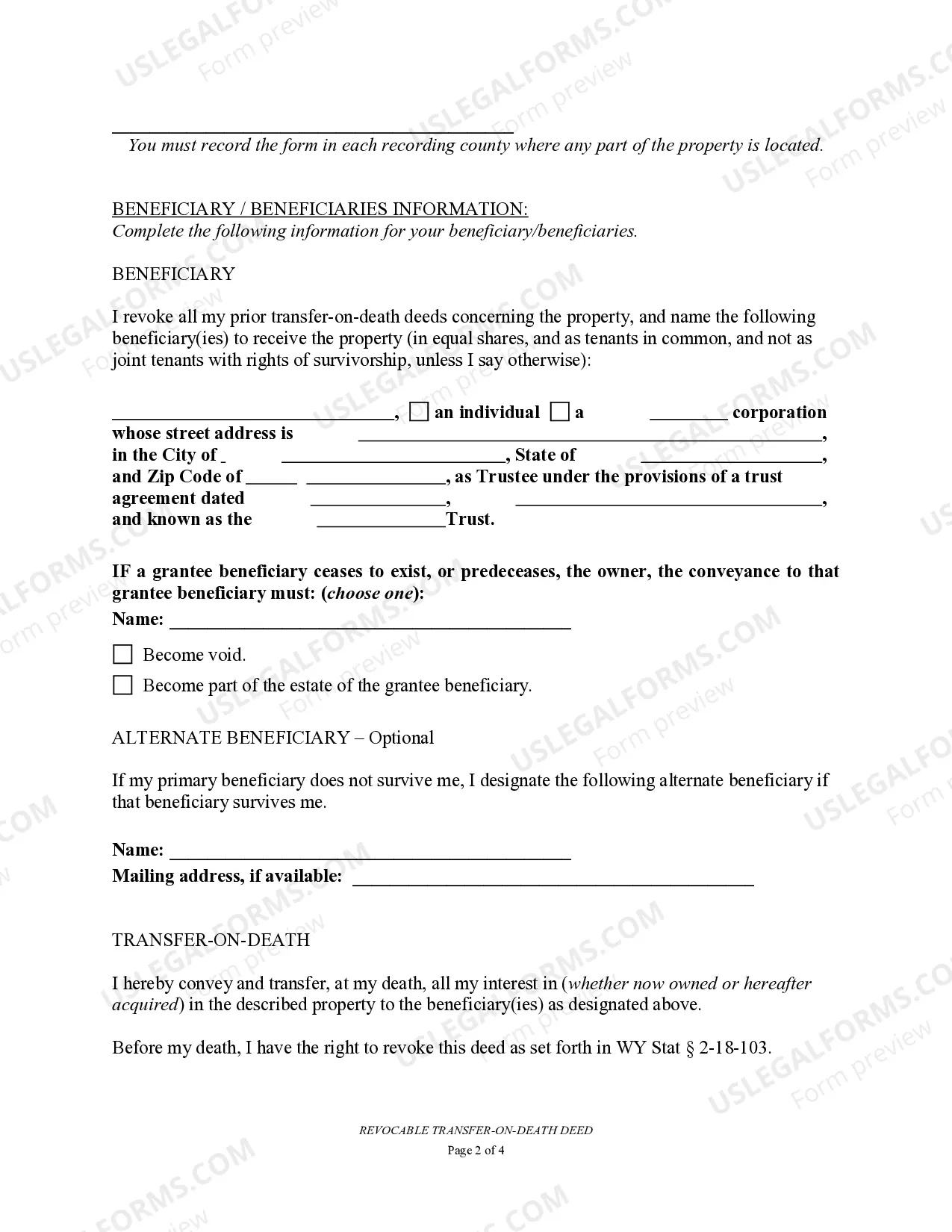 Preview Transfer on Death Deed or TOD - Beneficiary Deed for Individual to a Trust