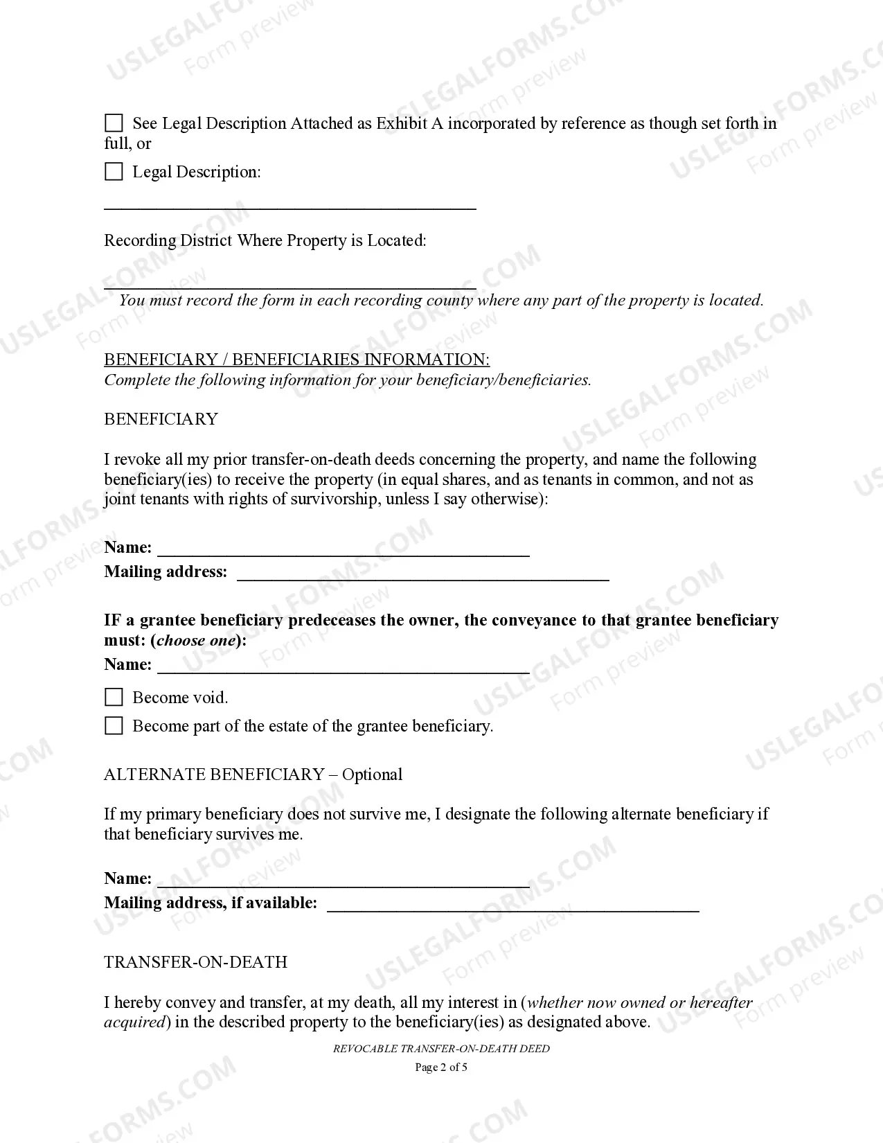 Preview Transfer on Death Deed or TOD - Beneficiary Deed for Two Individuals to One Individual