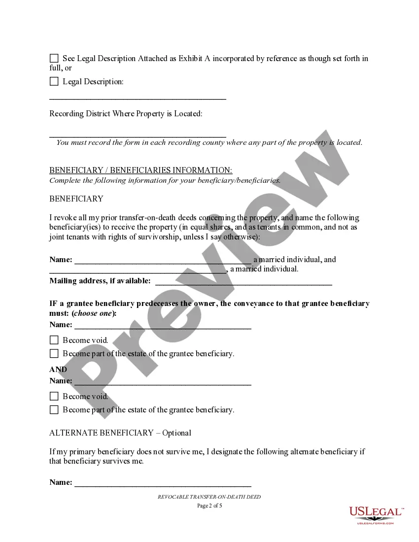 Preview Transfer on Death Deed or TOD - Beneficiary Deed for Two Individuals to Husband and Wife Beneficiaries