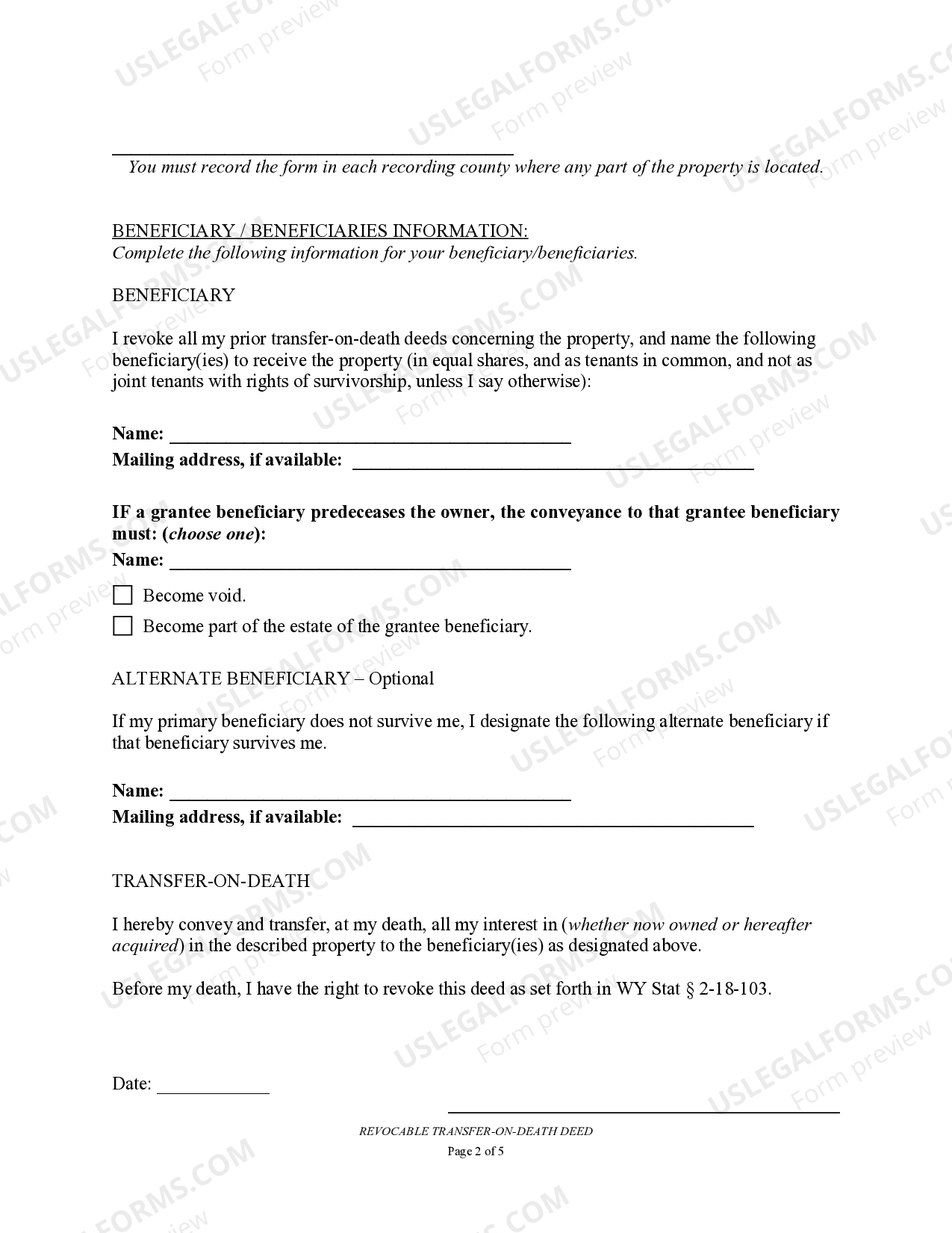 Wyoming Transfer on Death Deed or TOD - Beneficiary Deed for Husband ...
