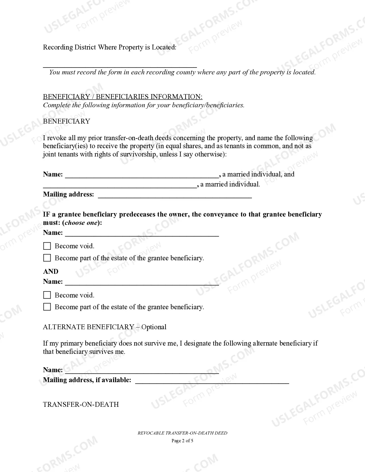 Preview Transfer on Death Deed or TOD - Beneficiary Deed for Husband and Wife to Husband and Wife Beneficiaries