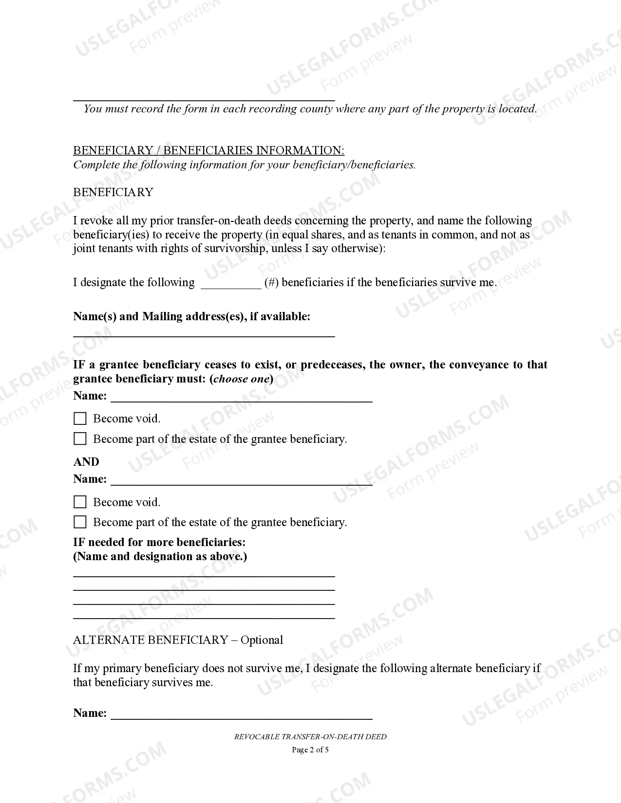 Preview Transfer on Death Deed or TOD - Beneficiary Deed for One Individual to Multiple Individuals