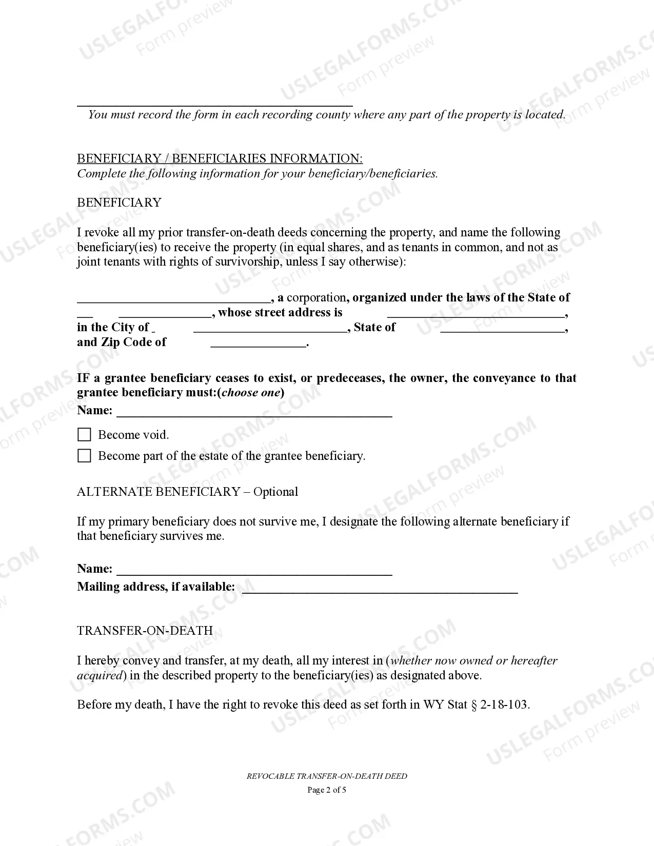 Preview Transfer on Death Deed or TOD - Beneficiary Deed for Husband and Wife to a Business Entity