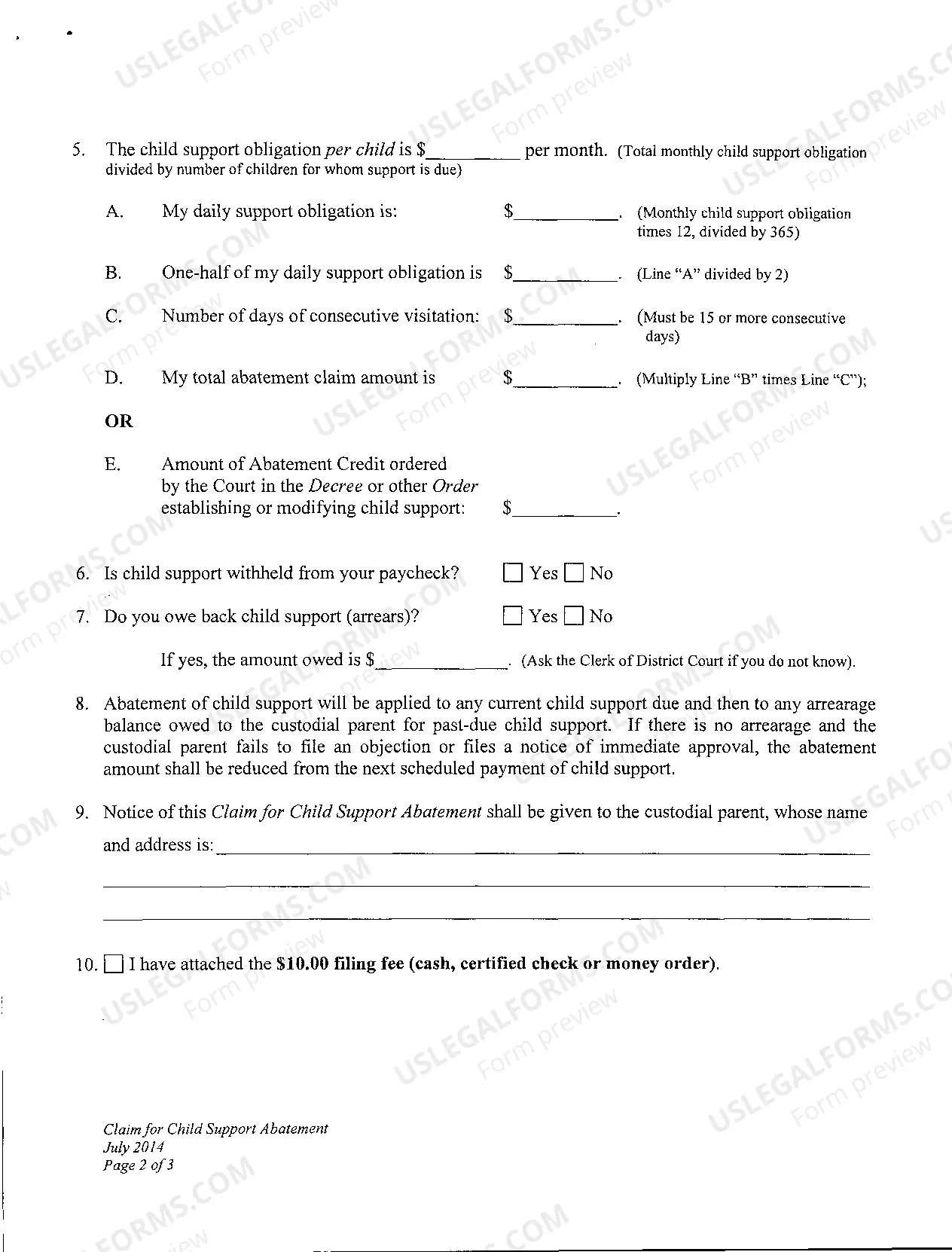 Preview Claim for Child Support Abatement