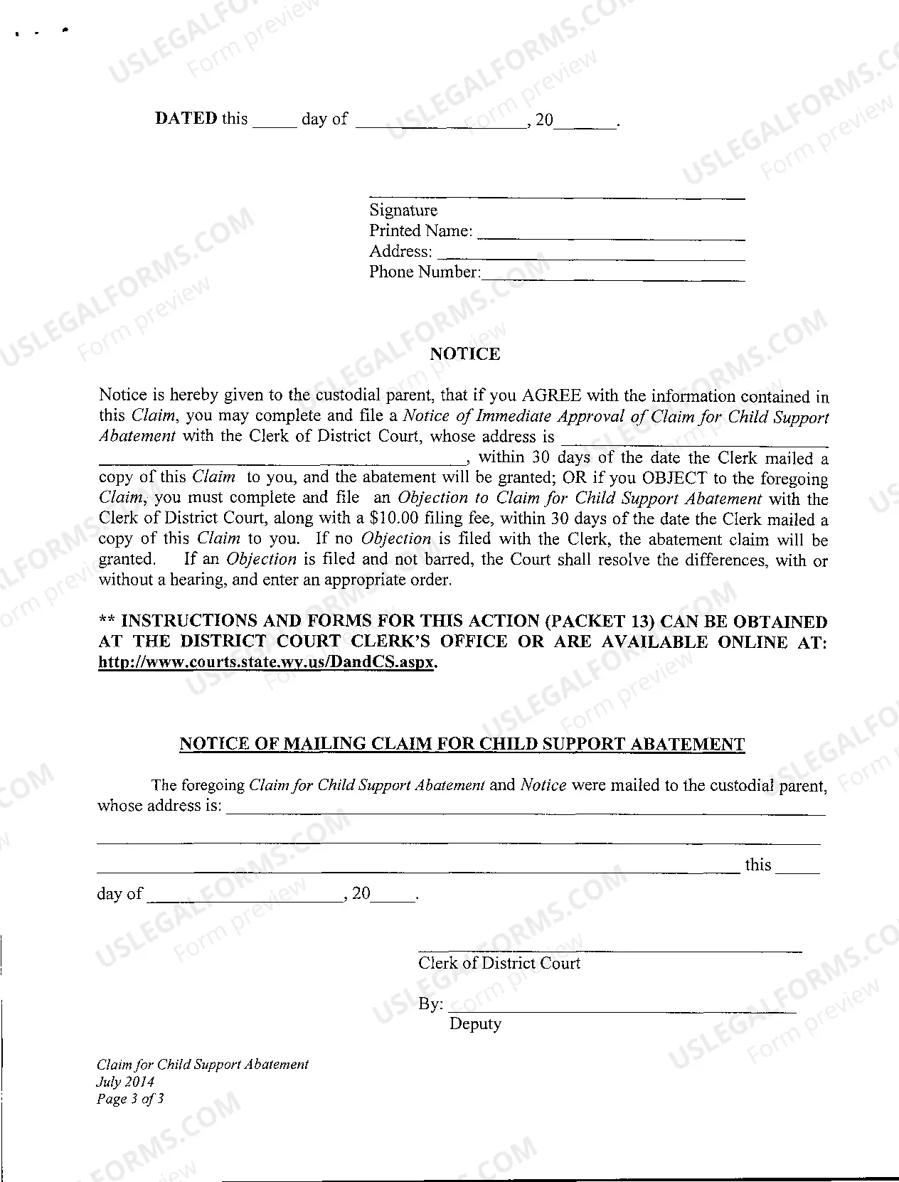 Preview Claim for Child Support Abatement