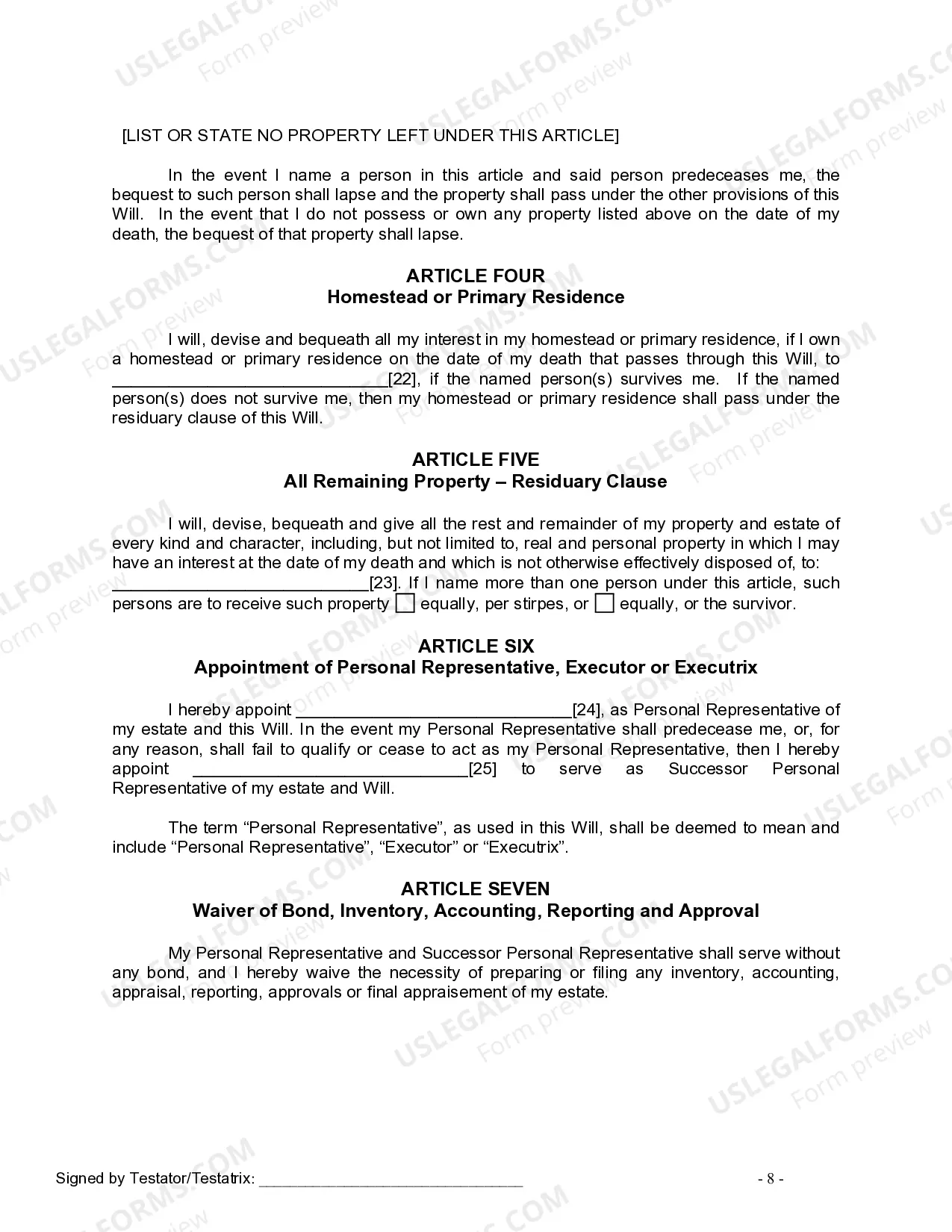 Preview Last Will and Testament for Single Person with No Children