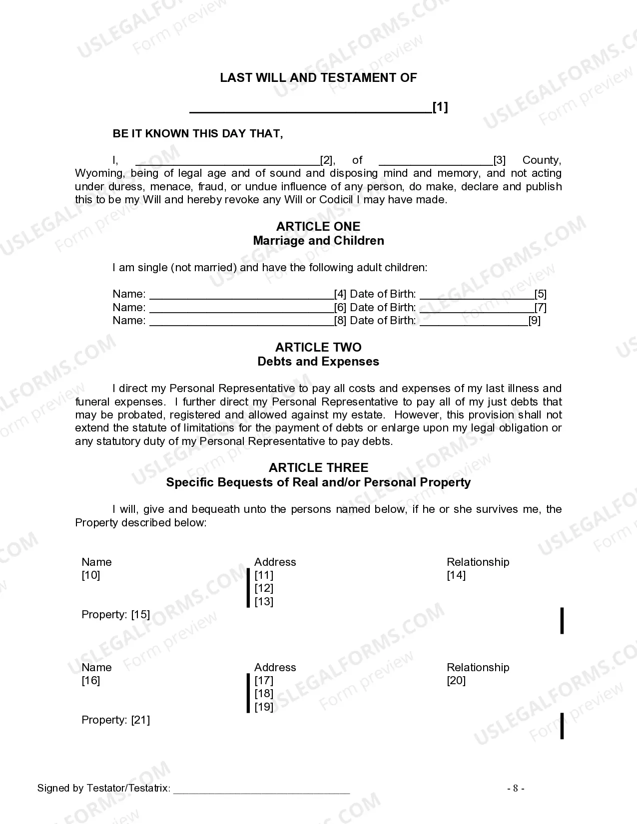 Preview Last Will and Testament for Single Person with Adult Children