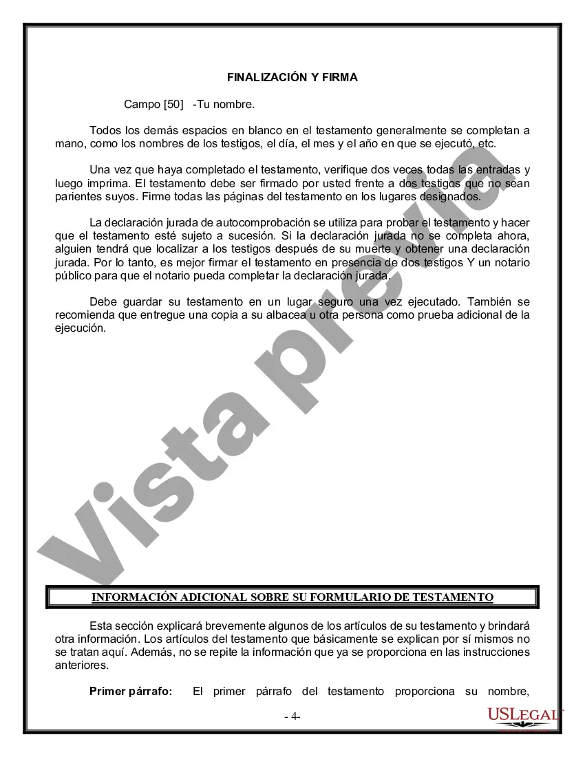 Preview Última voluntad y testamento legal para persona casada con hijos menores de edad de un matrimonio anterior