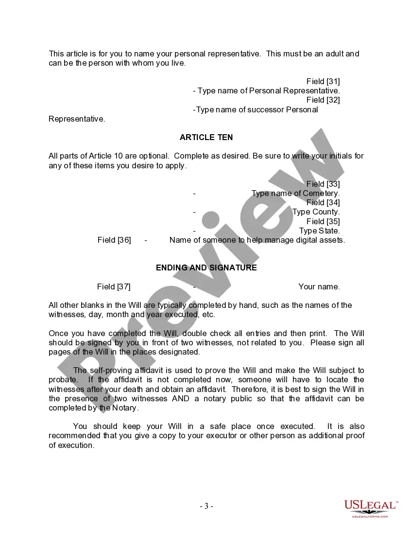 Preview Last Will and Testament for Divorced person not Remarried with Adult Children