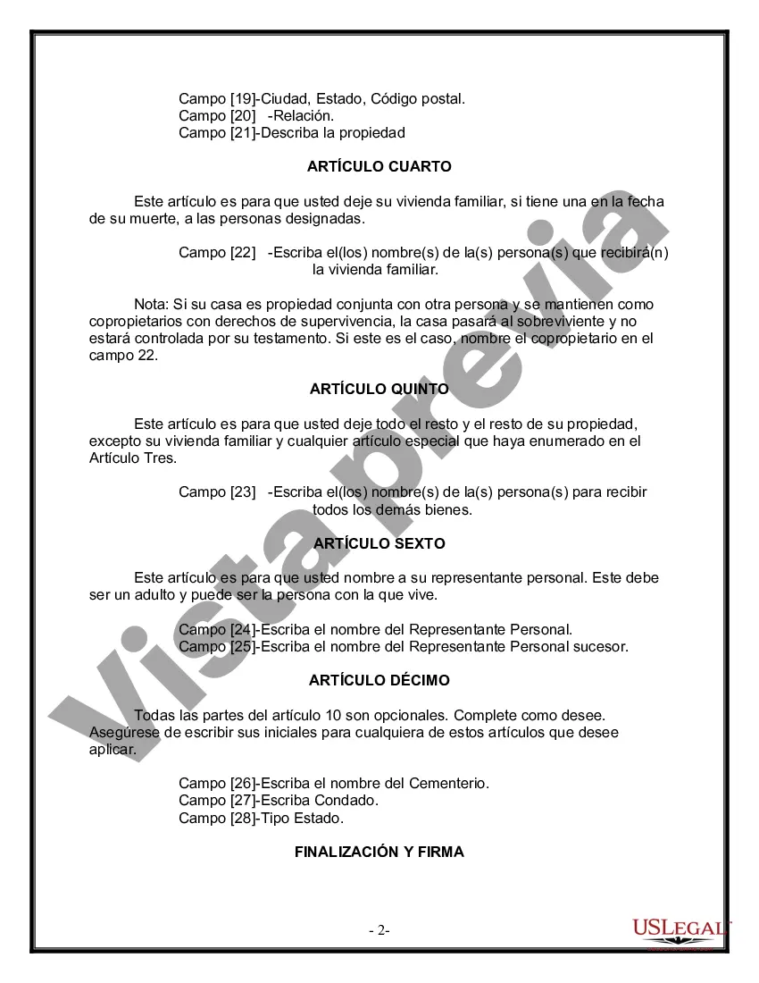 Preview Formulario de última voluntad y testamento legal para personas divorciadas que no se han vuelto a casar y no tienen hijos