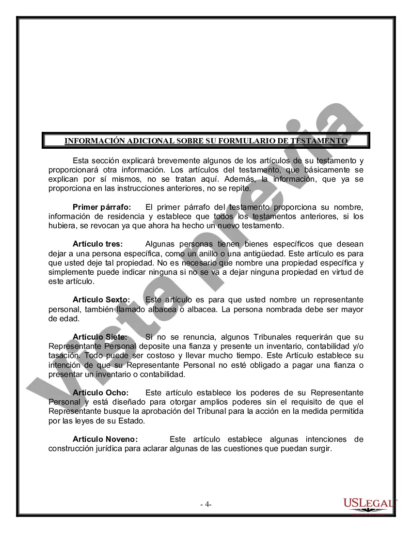 Preview Formulario de última voluntad y testamento legal para personas divorciadas que no se han vuelto a casar y no tienen hijos