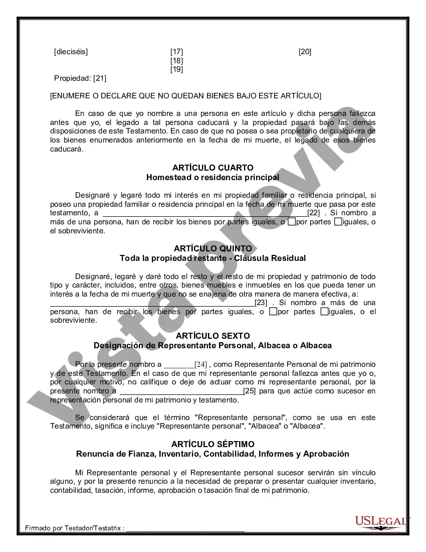 Preview Formulario de última voluntad y testamento legal para personas divorciadas que no se han vuelto a casar y no tienen hijos