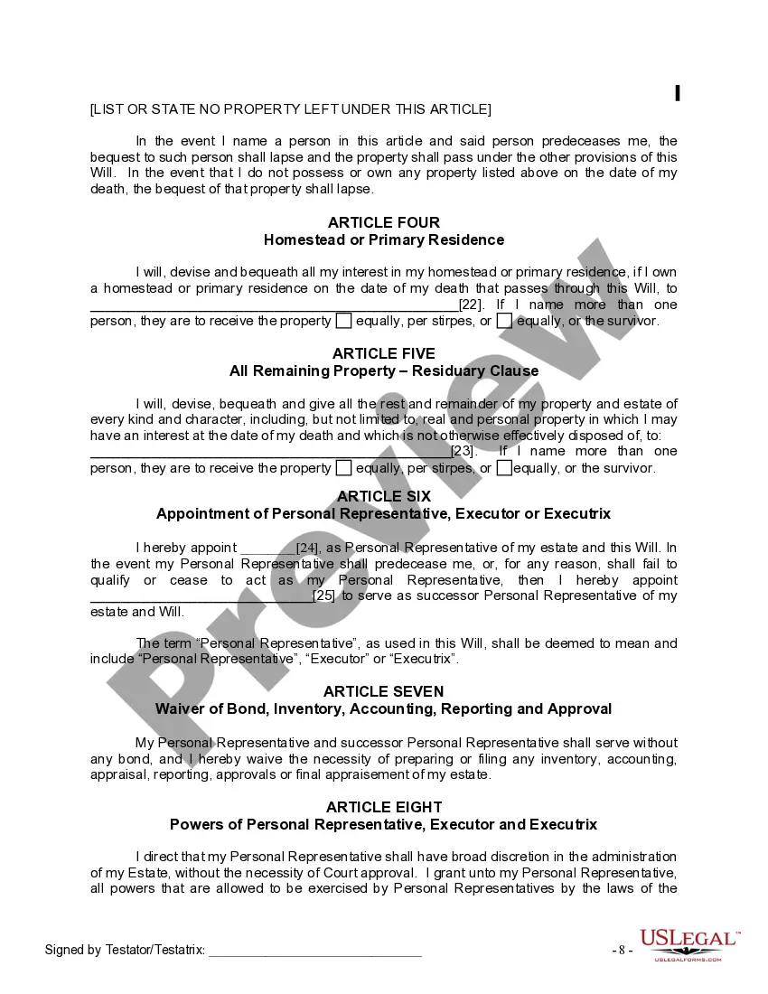Preview Last Will and Testament for Divorced Person Not Remarried with No Children