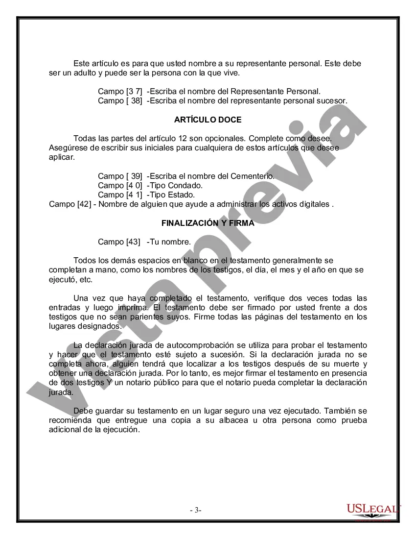 Preview Formulario de última voluntad y testamento legal para personas divorciadas que no se han vuelto a casar con hijos menores