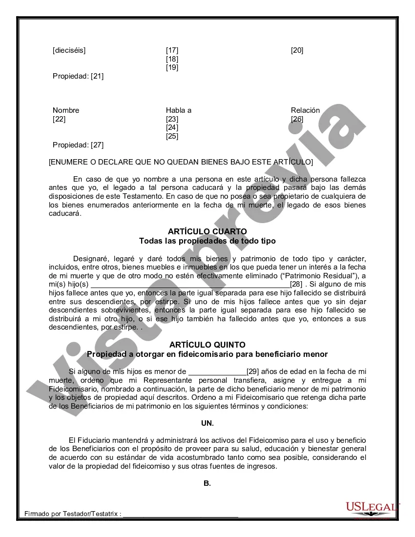 Preview Formulario de última voluntad y testamento legal para personas divorciadas que no se han vuelto a casar con hijos menores
