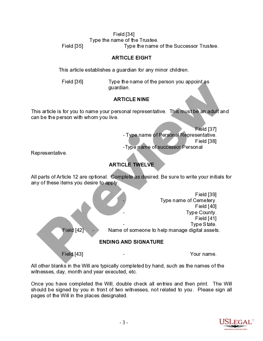 Preview Last Will and Testament for Divorced person not Remarried with Minor Children