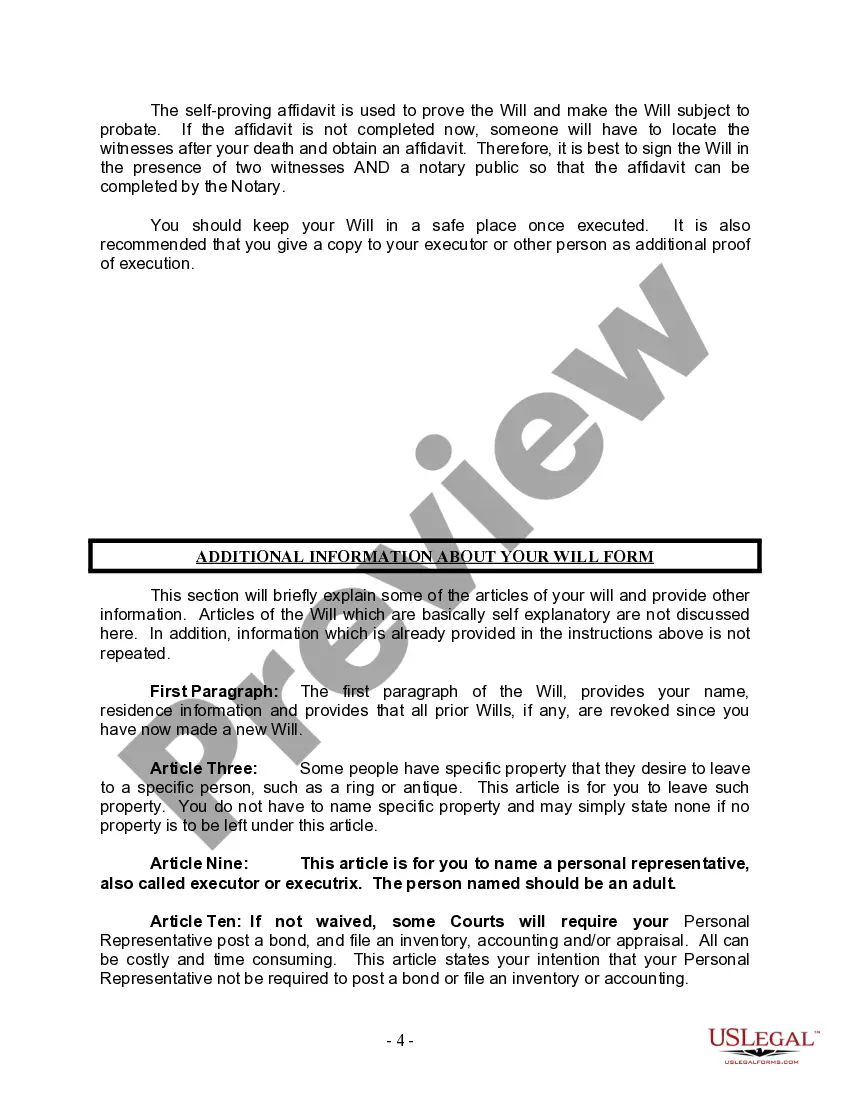 Preview Last Will and Testament for Divorced person not Remarried with Minor Children