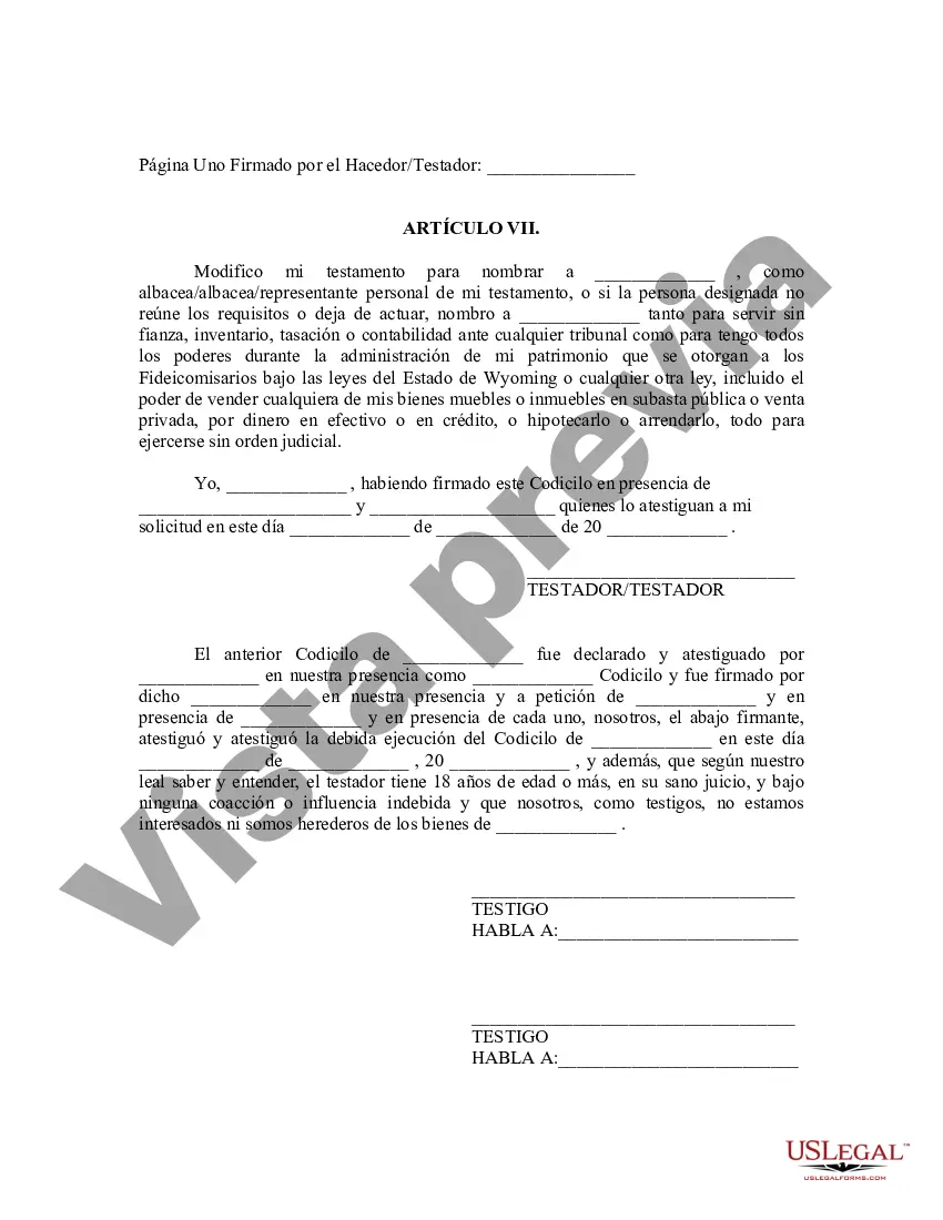 Preview Codicilo de Wyoming al formulario de testamento para enmendar su testamento - Cambios o enmiendas de testamento