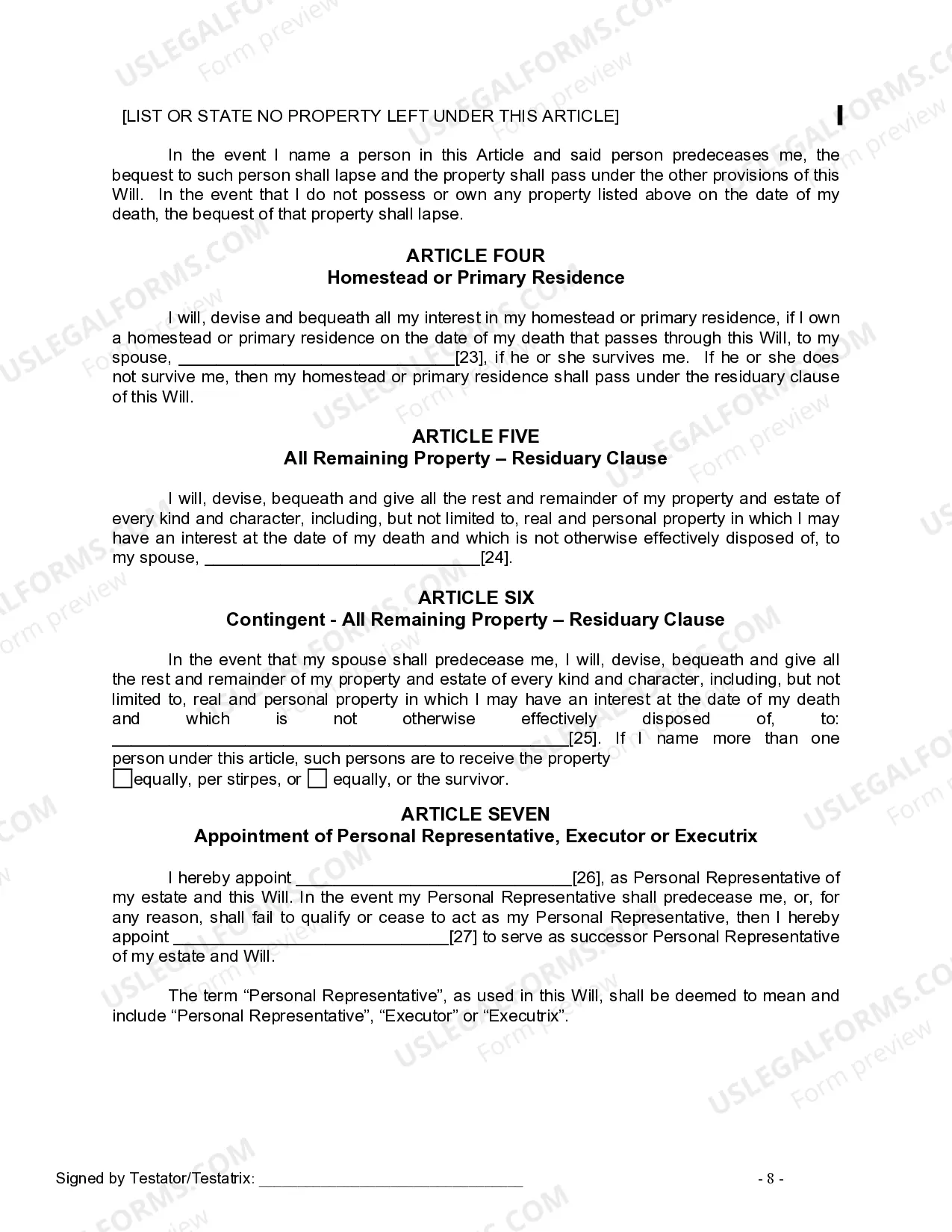 Preview Last Will and Testament for a Married Person with No Children