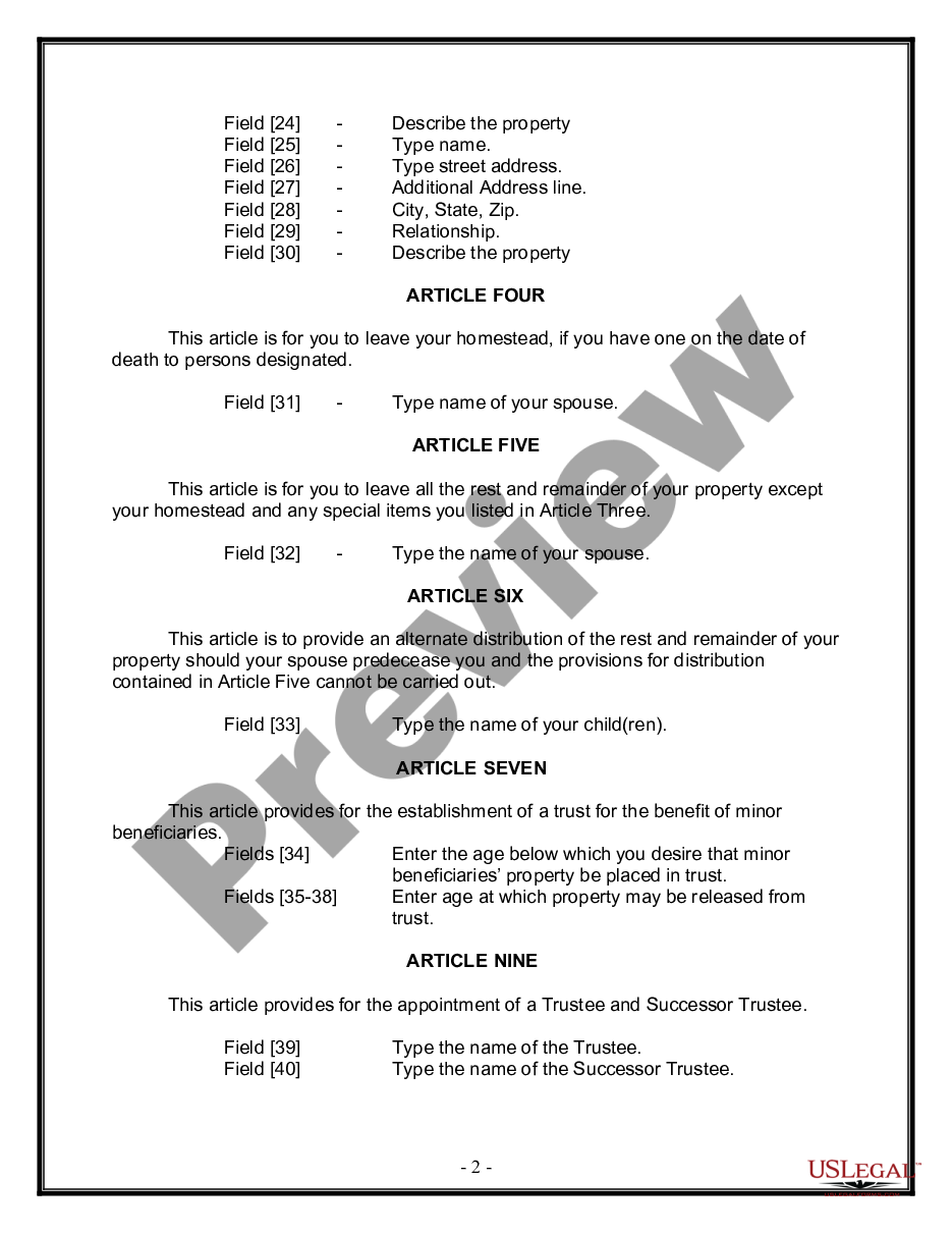 page 1 Legal Last Will and Testament Form for Married person with Minor Children preview