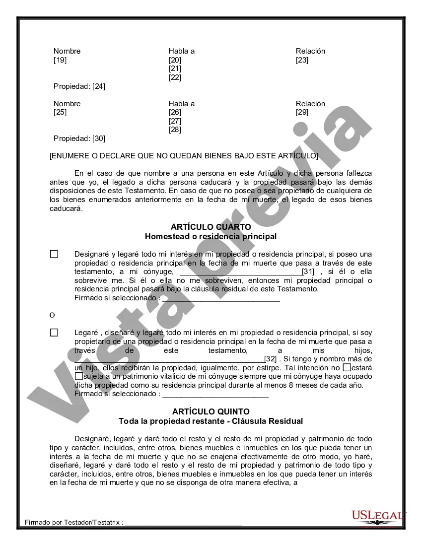 Preview Formulario Legal de Última Voluntad y Testamento para Persona Casada con Hijos Adultos y Menores de Matrimonio Anterior