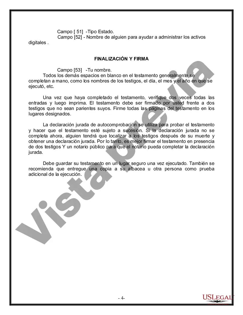 Preview Formulario Legal de Última Voluntad y Testamento para Persona Casada con Hijos Adultos y Menores de Matrimonio Anterior