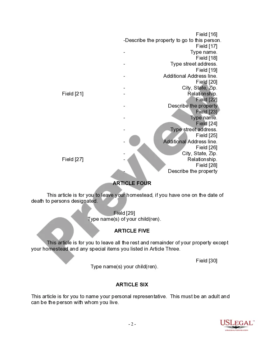 Preview Last Will and Testament for a Widow or Widower with Adult Children