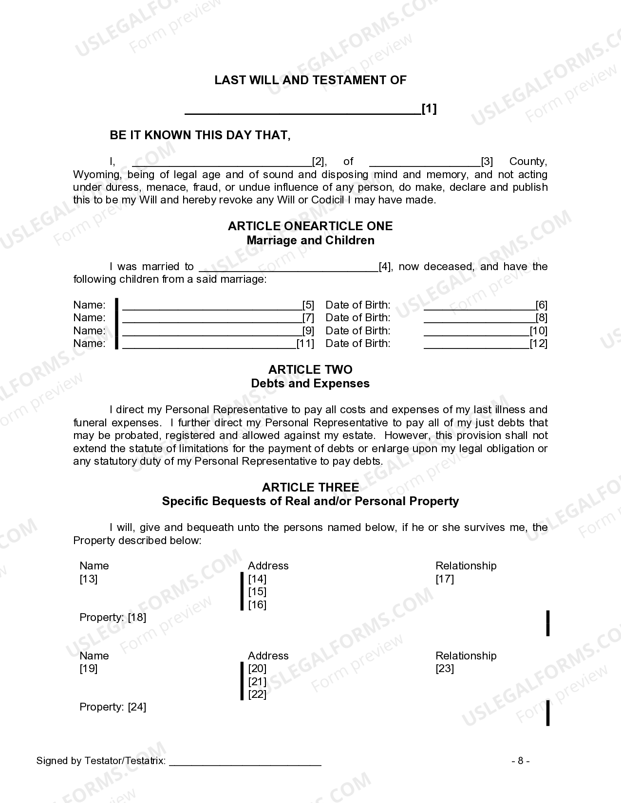 Wyoming Legal Last Will and Testament Form for a Widow or Widower with ...