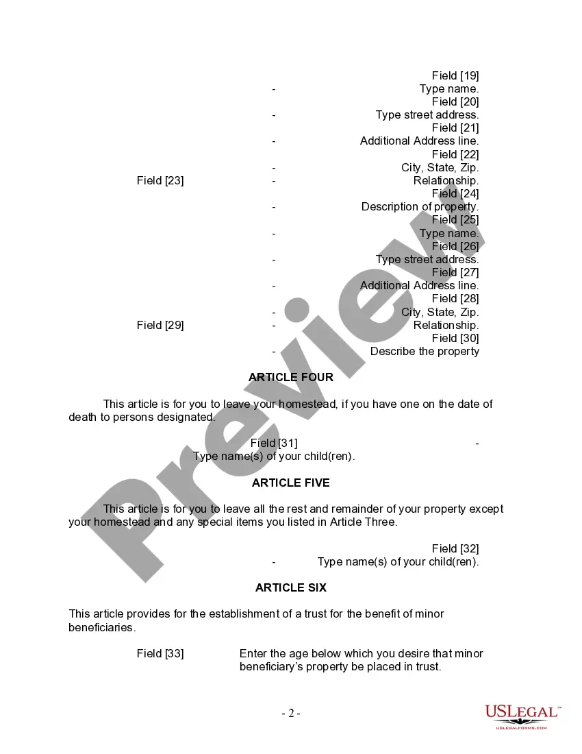 Preview Last Will and Testament for a Widow or Widower with Adult and Minor Children