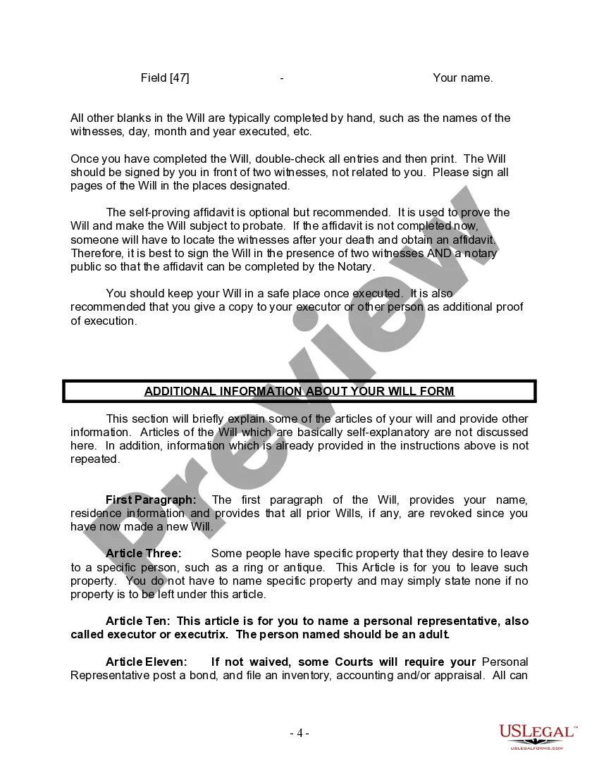 Preview Last Will and Testament for a Widow or Widower with Adult and Minor Children