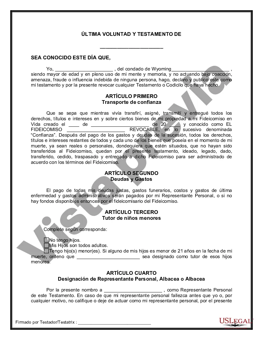 Preview Último testamento legal y formulario de testamento con todos los bienes en fideicomiso llamado testamento invertido