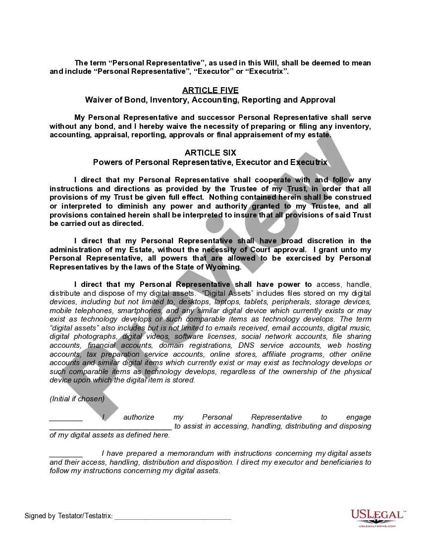 Preview Last Will and Testament with All Property to Trust called a Pour Over Will