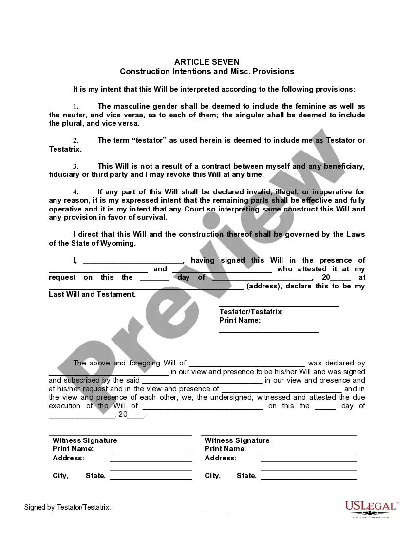 Preview Last Will and Testament with All Property to Trust called a Pour Over Will