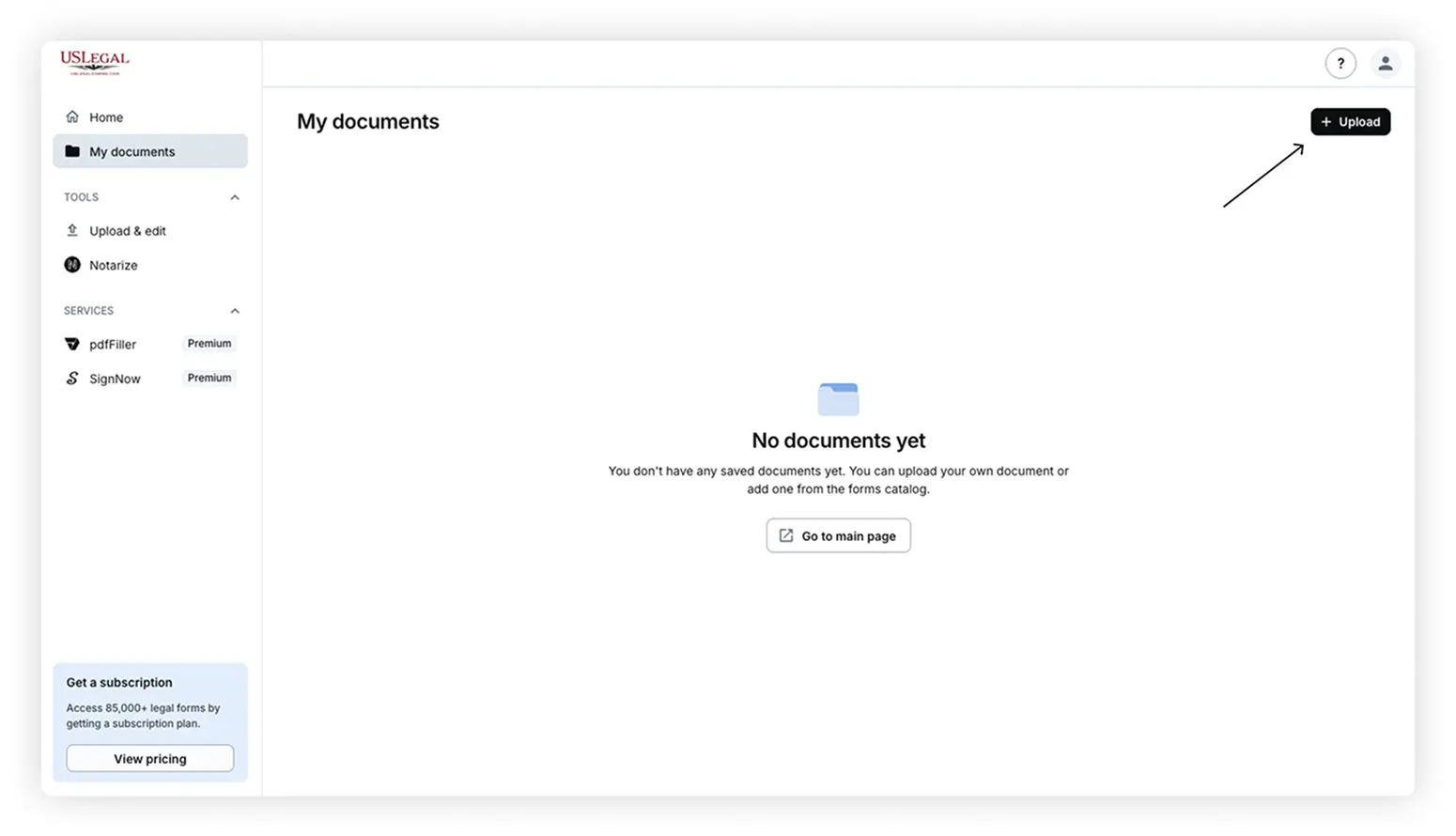 Upload button in the top-right corner of the My Documents section